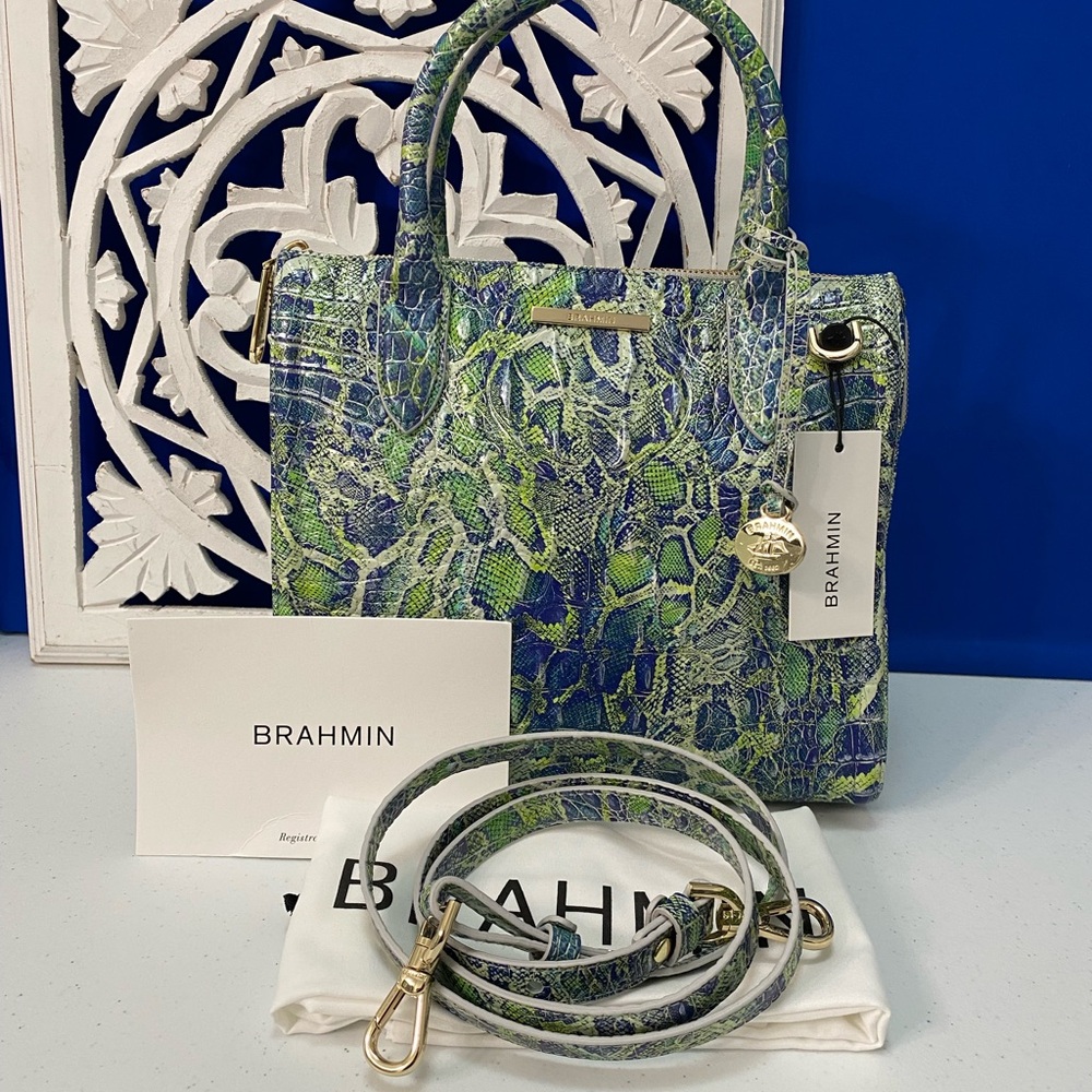 Brahmin Caroline Leather Small Satchel/Crossbody Green Viper